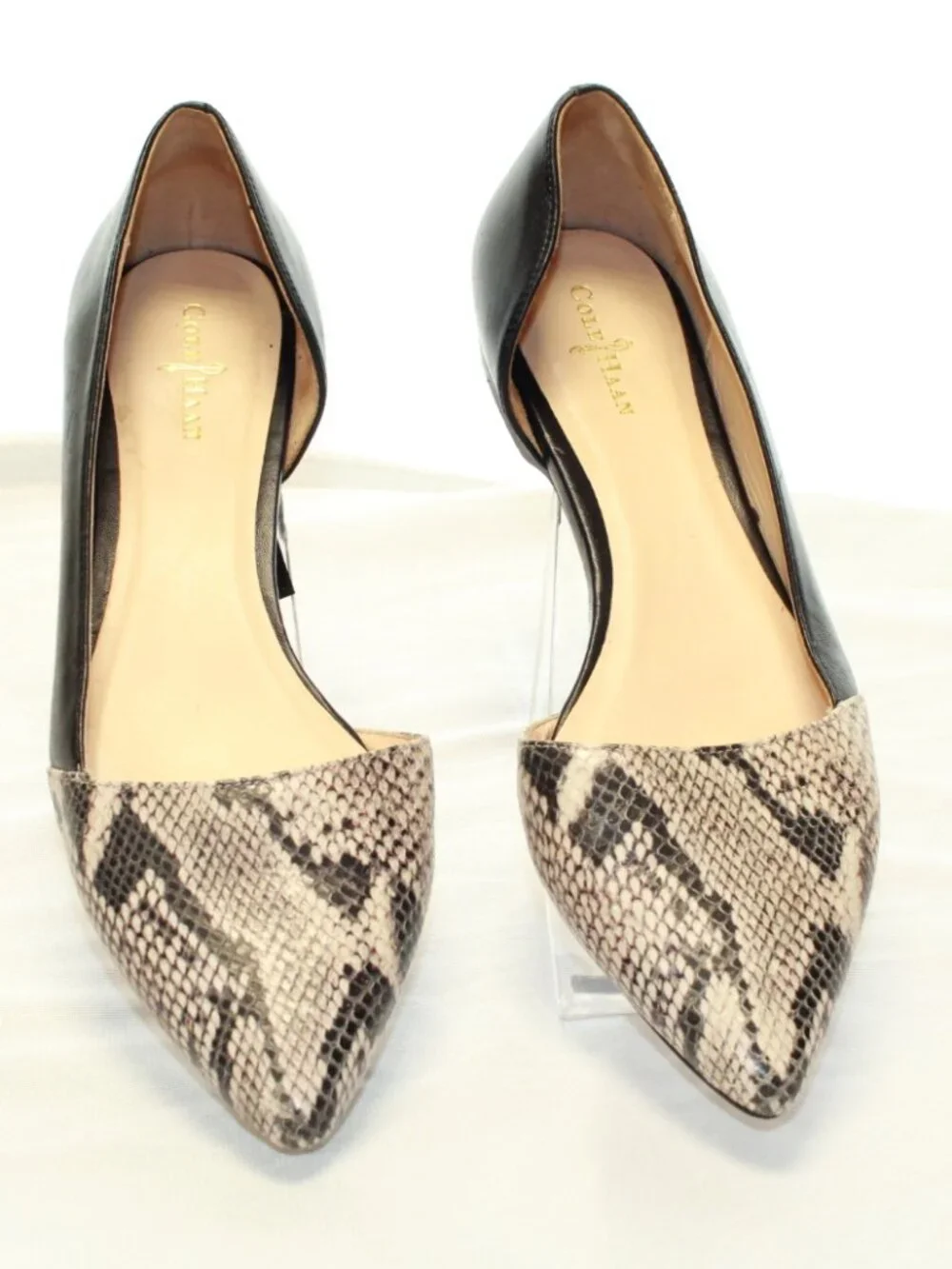 Cole Haan SZ 8.5 B Black Leather Snakeskin Print Pointy Toe Amalia D'orsay Flats